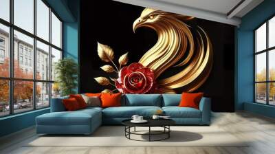 A stylized gold beautiful phoenix head, A single red diamond rose with gold leaves is positioned beside the head, black background Wall mural