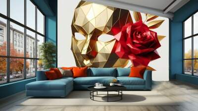 A stylized gold low-poly mask, A single red diamond rose with gold leaves Wall mural