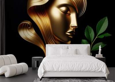 A stylized Gold mannequin head with a wavy shape on the forehead, red lips, and a Dahlia beside it, set against a black background for an elegant, surreal effect Wall mural