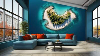 an aerial view of an island in the ocean, best light photography, light gold and cyan, vivid birdlife, forced perspective, white and navy Wall mural