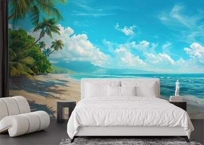 Beautiful tropical beach banner. White sand and coco palms travel tourism wide panorama background concept. Amazing beach landscape Wall mural