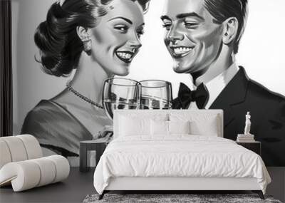 Black and white vector clipart from the 1950s Smiling man and woman raising a toast with cocktail glasses ad vintage stock image isolated white background PNG Wall mural