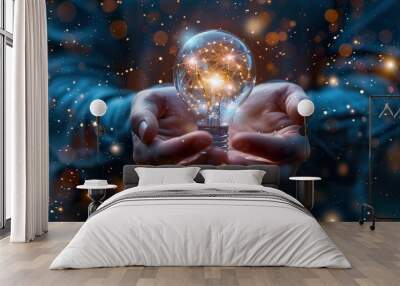 business creative ideas. creative glowing light bulb in hands Wall mural