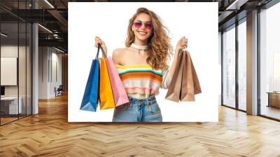 Cheerful happy woman enjoying shopping, isolated white background PNG Wall mural