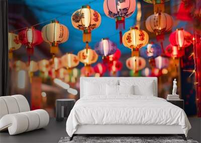 Chinese lunar new year celebration. China town defocused background, Mid Autumn festival with colorful lights Wall mural