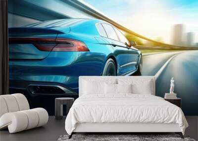 Close-up Rear view of blue Business car on high speed in turn. Blue car rushing along a high-speed highway Wall mural