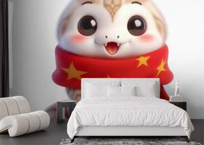 cute 3d fluffy snake character with red vietnamese style scarf, white background for lunar new year 2025 Wall mural