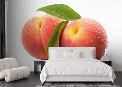 hyperrealistic two peaches with stem and dew drops isolated PNG Wall mural