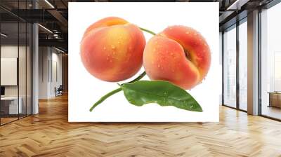 hyperrealistic two peaches with stem and dew drops isolated PNG Wall mural