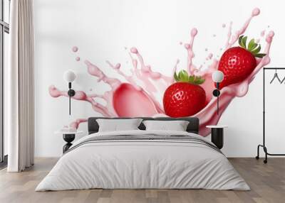 Milk or yogurt splash with strawberries isolated on white background, 3d rendering isolated PNG Wall mural