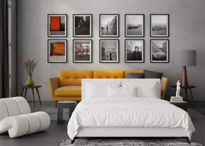 minimal design apartment, a wall with many picture frames, a modern living room, colorful furniture Wall mural