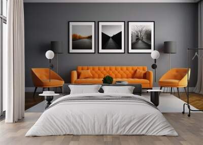 minimal design apartment, a wall with two or three picture frames, a modern living room, colorful furniture Wall mural