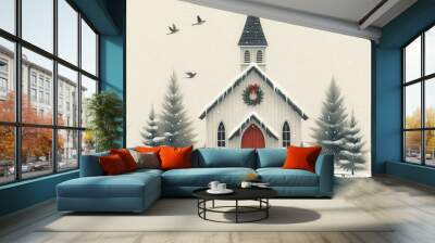 Minimalist gouache illustration of a cozy winter church with greenery, a Christmas wreath, red door, snowy scene, 2 pine trees, birds flying Wall mural