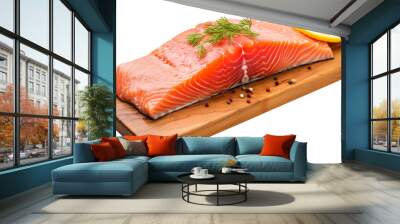 photo of a whole fresh salmon fish alongside sliced salmon meat, isolated on a white background PNG Wall mural