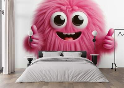 pink monster that is Very very soft and fuzzy. giving thumbs up, white background Wall mural