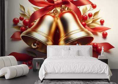 Two golden bells with red ribbons hanging from them. The bells are surrounded by red berries and leaves. Concept of festivity and joy Wall mural