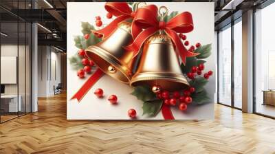 Two golden bells with red ribbons hanging from them. The bells are surrounded by red berries and leaves. Concept of festivity and joy Wall mural