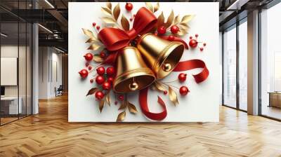 Two golden bells with red ribbons hanging from them. The bells are surrounded by red berries and leaves. Concept of festivity and joy Wall mural