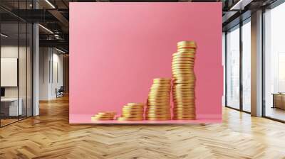 Stack of coins, Gold investment, rising graph and coins,
pink pastel background, Clear Minimalism. Wall mural