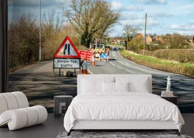 Day View Road Narrows UK Roadworks Sign Wall mural