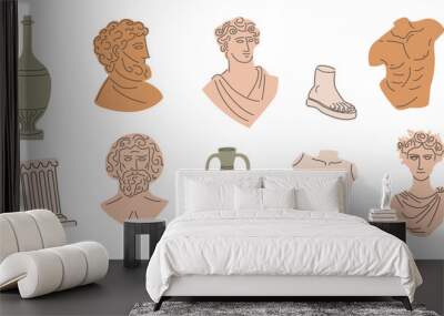 Set of ancient greek statue and classic vintage monument shapes. Ancient Greek and Roman. Greece culture antique illustration collection. Vector hand drawn. Wall mural