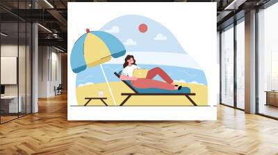 happy freelance woman working on sea beach with laptop. self-employment, vacation and digital techno Wall mural