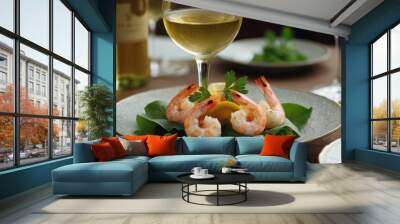  .A white dinner plate with shrimp and vegetables on it sits on a brown table. There are two glasses of wine nearby, one. Wall mural