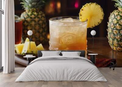  .In the image, there is a pineapple-flavored drink in a glass with two slices of pineapple on top. The. Wall mural