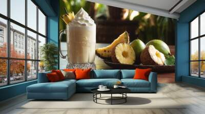  .In the image, there is a table with some tropical fruits and a drink. On the table, you can see two pineapples and. Wall mural