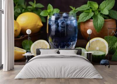  .The image features a blue glass filled with water and is surrounded by various fruits and herbs. There are two slices of lemon, one. Wall mural