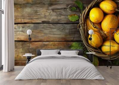   A basket full of oranges atop a wooden table Nearby, a green leafy plant on another wooden table Wall mural