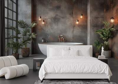  a bath room with a bath tub a rug and two potted plants on the side of the bathtub. Wall mural