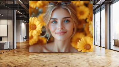  a beautiful blonde woman with blue eyes standing in a field of yellow flowers with sunflowers in front of her. Wall mural