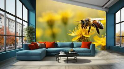  a bee sitting on a yellow flower in the middle of a field of yellow flowers with the sun shining on the flowers and the bee in the center of the photo. Wall mural