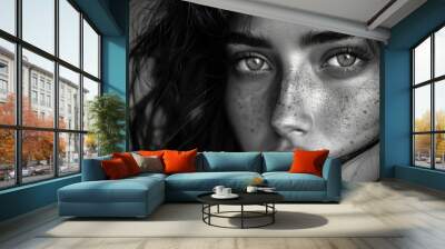  A black-and-white image of a woman with freckled hair and folkorically distinctive freckled eyes Wall mural