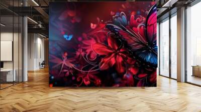  a blue and red butterfly sitting on top of a bunch of red and pink flowers on a black and red background. Wall mural