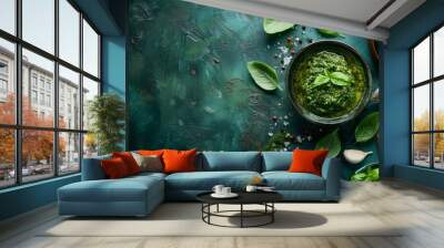  A bowl of pesto, two identical bowls, and a spoon of pesto on a green table Wall mural