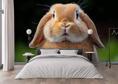  A brown-and-white rabbit atop a wooden table against a backdrop of a forest, its grass coverings emerald green Wall mural