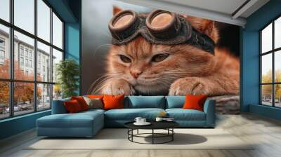  A cat in close-up, donning goggles atop a wooden plank Paw rested on another piece Wall mural