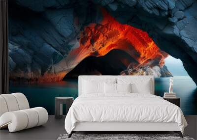  A cave-encircled lake houses a fire within its depths, specifically in the cavern's heart Wall mural