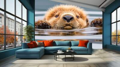  a close up of a body of water with a small animal floating on top of it's back legs. Wall mural