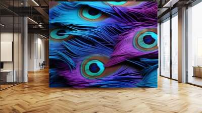  a close up of a bunch of feathers with blue and purple colors.  generative ai Wall mural