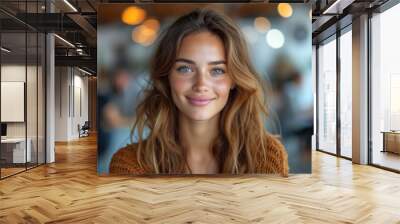  a close up of a person with a smile on their face and a blurry background of people sitting at a table and a woman standing in the foreground. Wall mural