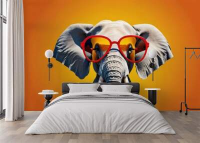  a close up of an elephant wearing red sunglasses and a yellow background with an elephant's head in the middle of the frame, with a pair of red glasses on it's ears. Wall mural