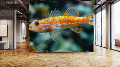   A close-up of an orange-white fish swimming in a fish tank surrounded by other fish Wall mural