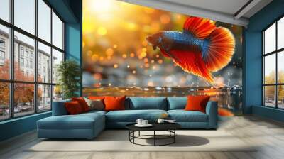  A close-up picture of two red and blue fish in water, with a bright background light Wall mural