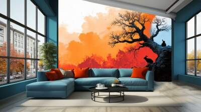  A collection of birds perched atop a tree against an orange and blue backdrop, graced by a full moon Wall mural