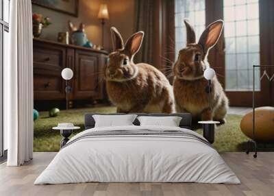  a couple of brown rabbits sitting next to each other on top of a field of green grass next to a wooden dresser and a brown egg on a green carpet. Wall mural