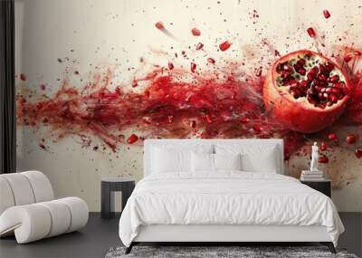  a cut open pomegranate sitting on top of a table next to a knife and a blood spatula. Wall mural