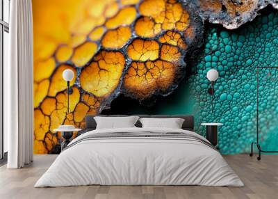  A detailed view of a multicolored artwork – green, yellow, and blue – featuring water droplets Wall mural